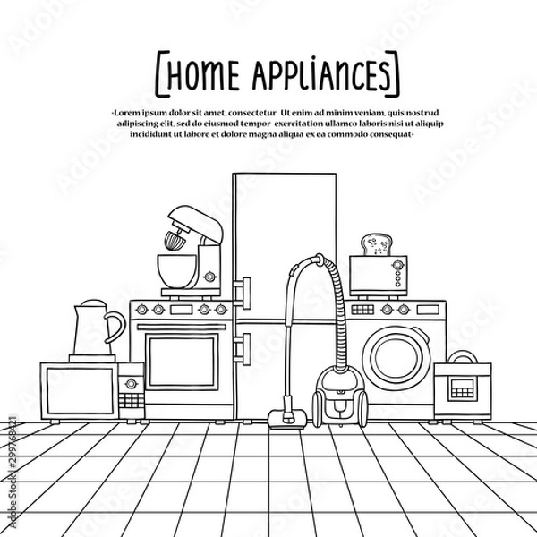 Fototapeta Vector illustration for use in design. Poster on the theme of home appliances, electronics, kitchen quipment