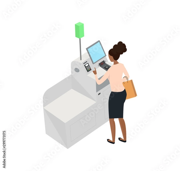 Fototapeta Self-service cashier or terminal isometric model. African American woman customer is paying at the self-service counter using the touchscreen display. Self-service checkout vector concept