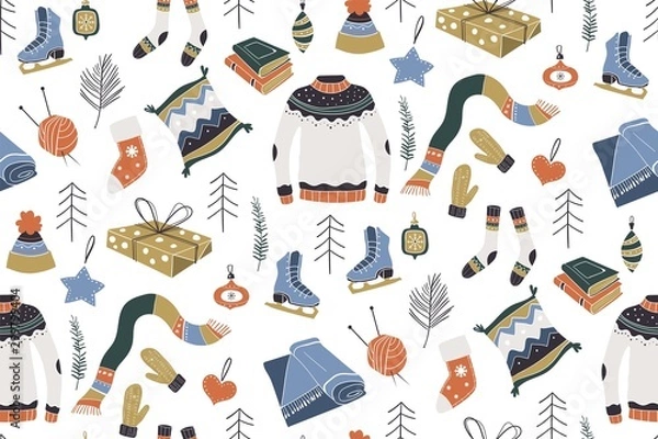 Obraz Winter pattern. Winter holidays merry christmas and happy new year Scandinavian style. Vector illustration. Can be printed and used as wrapping paper, wallpaper, textile, fabric.