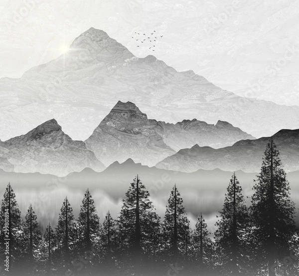 Fototapeta Mountain region illustration, with fir trees and setting sun.