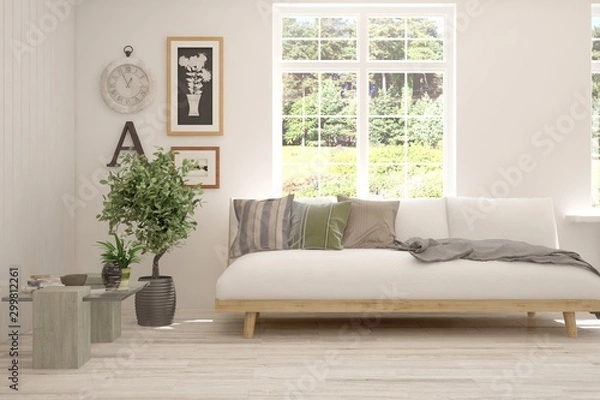 Obraz Stylish room in white color with sofa and summer landscape in window. Scandinavian interior design. 3D illustration