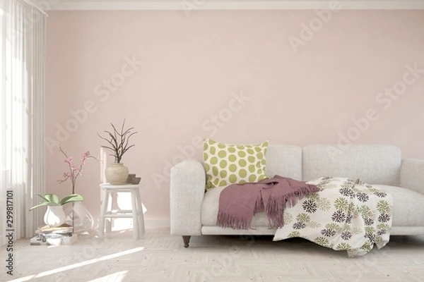 Fototapeta Stylish room in white color with sofa. Scandinavian interior design. 3D illustration