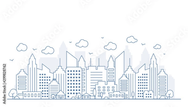 Fototapeta Panorama miasta w stylu cienkich linii. Ilustracja miejskiego krajobrazu ulicy z samochodami, panoramę budynków biurowych miasta, na jasnym tle. Zarys gród. Ilustracji wektorowych