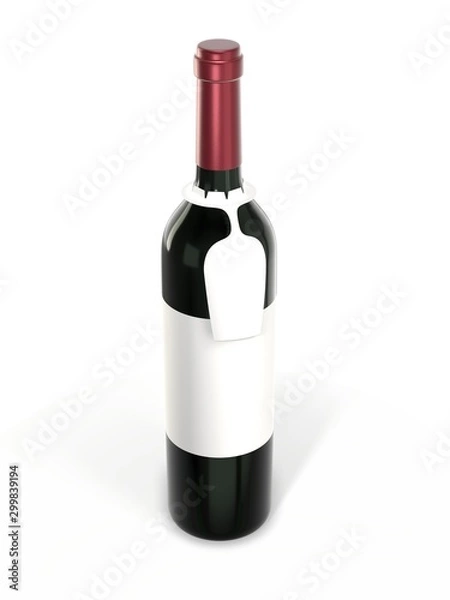 Obraz Wine bottle mockup with blank label isolated on white background. Bottle with hanging tag for your brand and layout. 3d rendering