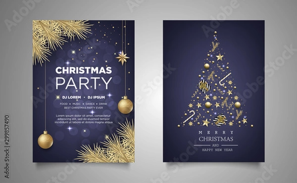 Fototapeta christmas banner, greeting card with realistic decorative elements on wood background