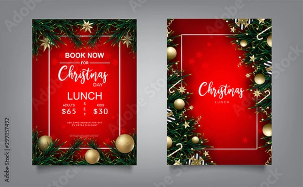 Fototapeta christmas banner, greeting card with realistic decorative elements on wood background
