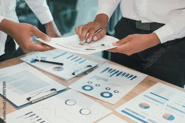 Fototapeta financial adviser analyzing performance revenue with investor. business people discussing in meeting. businessman working with team