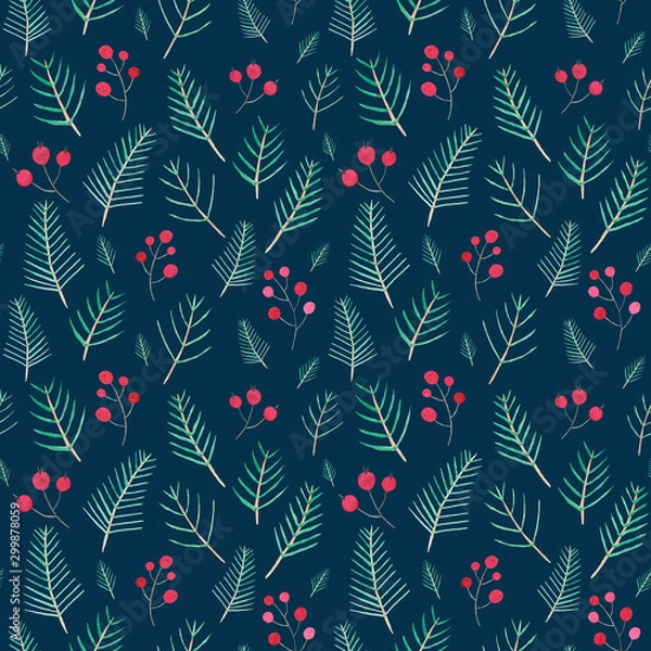 Fototapeta Seamless pattern. Christmas season decorative botanical elements on black background. Watercolor evergreen ilex, holly plant branches with red berries wrapping paper design