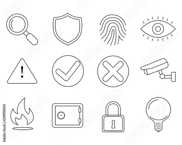 Obraz set icon of protection related outline design, included as shield, warning symbol, eye, finger, lock and CCTV.