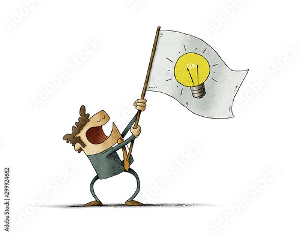 Obraz Man waves a flag with the symbol of a light bulb. Idea concept. isolated