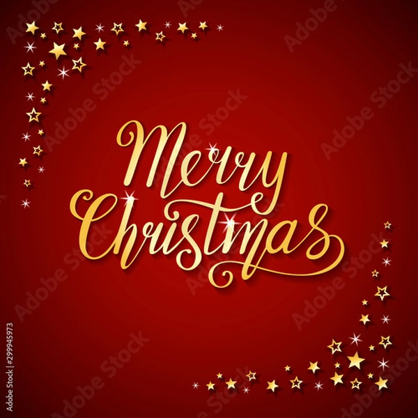 Fototapeta Beautiful banner with golden hand written text Merry Christmas and gold stars on dark red background; Hand drawn cute vector illustration in paper cut style; Creative graphic greeting card