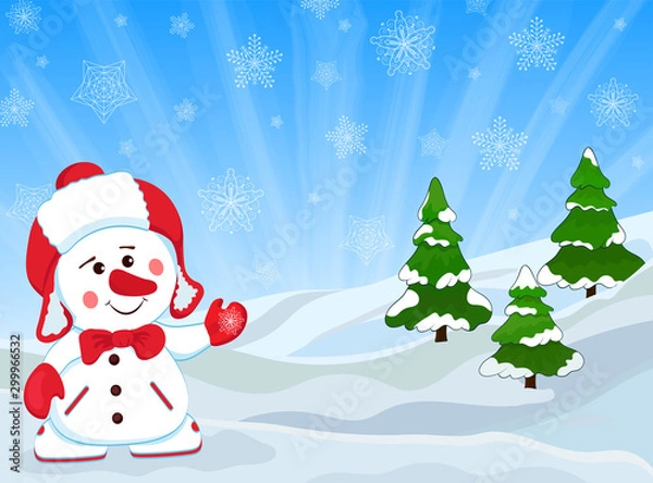 Fototapeta Postcard, banner with a snowman on a background of snow and Christmas trees.