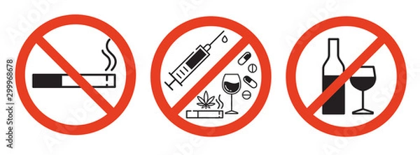 Fototapeta Sign forbidden drugs in red crossed out circle on white background. No smoking, no drugs, no vaping and no alcohol. Isolated vector illustration.