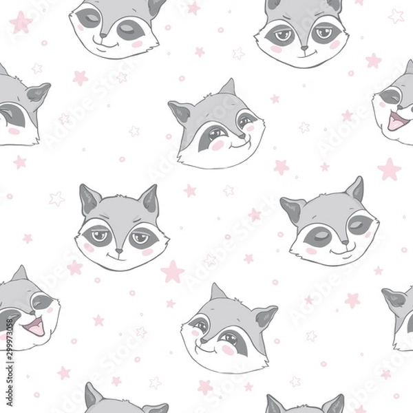 Obraz Vector seamless background with cute and beautiful raccoons. Cute background with cartoon character . Repeating texture with animals for children. Illustration on postcard, poster, texture, fabric.