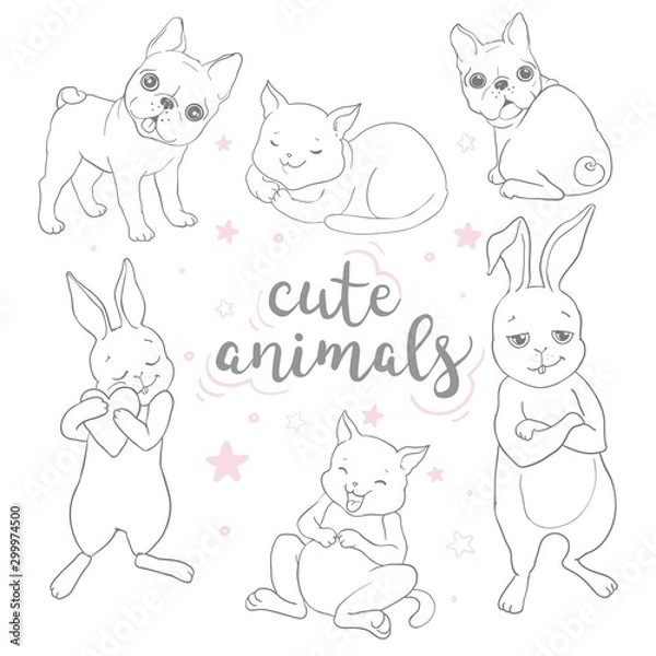 Obraz Card with joyful dogs and happy puppies. Vector background with mongrels, sheepdog, dachshund, lap-dog and others breeds.