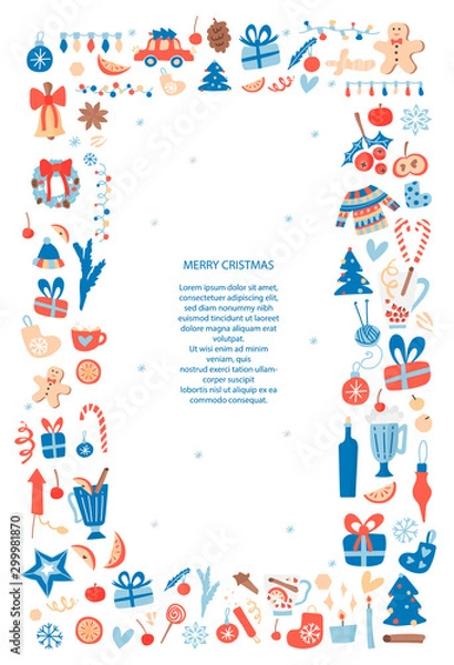 Fototapeta Christmas card vector template. Rectangular vertical frame with hand-drawn objects and symbols of illustration. Vintage borders for text. Party invitation, holiday poster, cute style article.