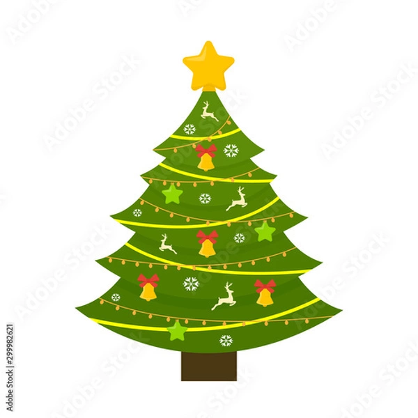 Fototapeta Christmas tree with decoration isolated on white background. Merry Christmas and a happy new year. Vector illustration.