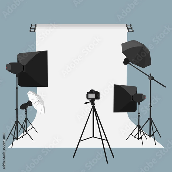 Obraz Vector flat style illustration of photo equipment in photography studio with lights and camera.