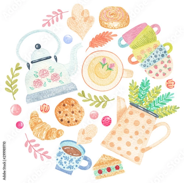 Obraz Round watercolor banner "Tea Time" with teapot, pancakes, cake, cup, cookies. Design element for party invitation, flyer, greeting card, banner, print. Tea time circle concept.