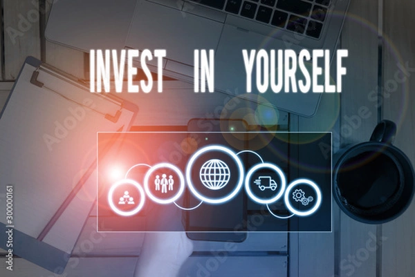 Fototapeta Writing note showing Invest In Yourself. Business concept for learn new things or materials thus making your lot better Picture photo network scheme with modern smart device