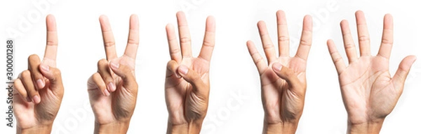 Fototapeta pięć palców liczy znaki na białym tle ze ścieżką przycinającą zawarte. Koncepcja gestów komunikacji