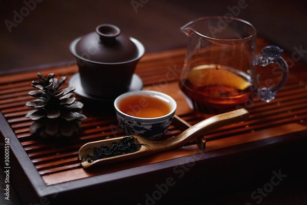 Fototapeta Chinese tableware for tea ceremony on dark background