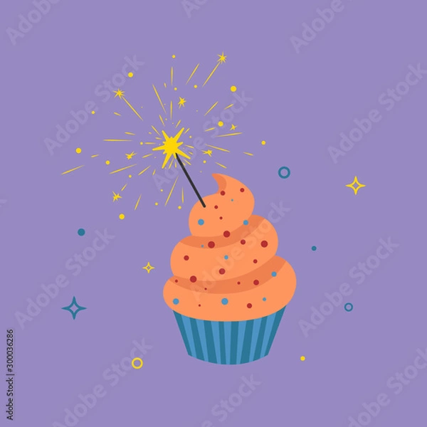 Fototapeta Happy birthday cupcake with bengal light. Flat cartoon vector illustration