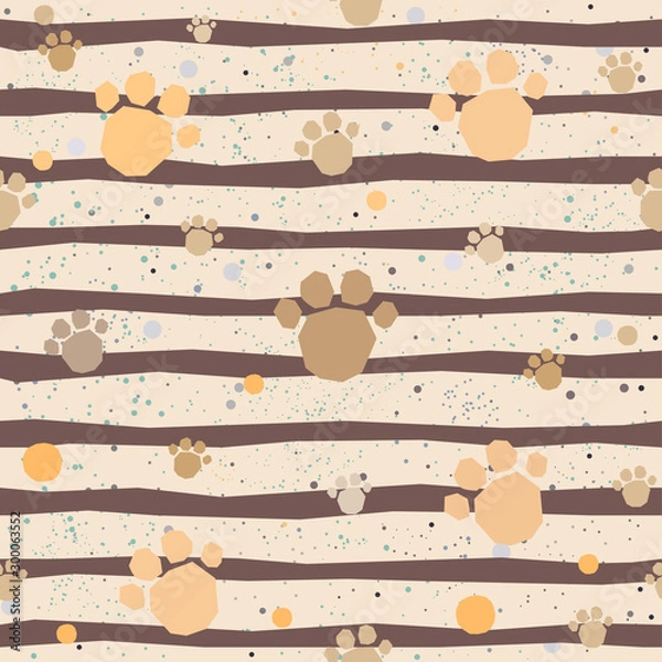 Fototapeta Cute Pattern with Golden dog paws with pastel blue stripes on beige background with tiny dots. Hand Drawn Design.