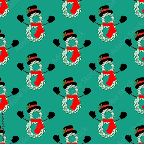 Fototapeta Christmas snowman wreath seamless pattern
