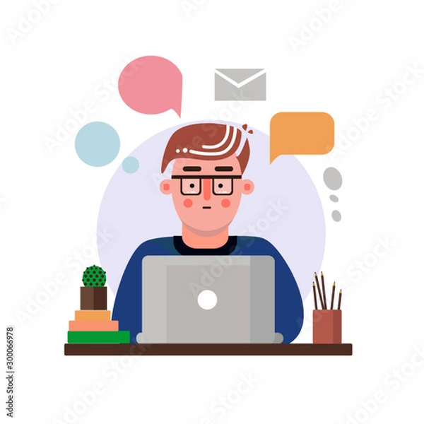 Fototapeta Manager, designer, programmer.Customer service, operator man. Flat