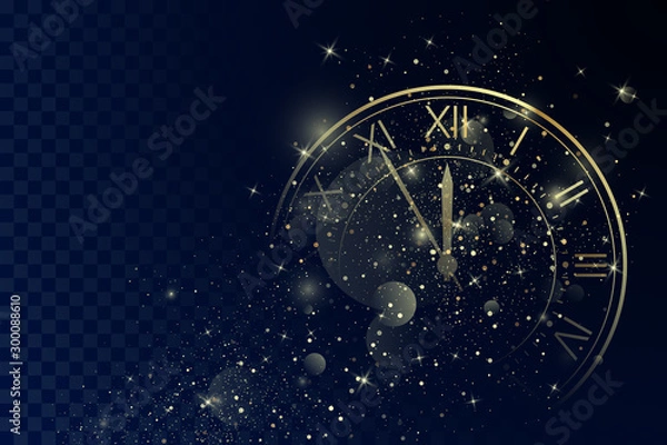Fototapeta Golden Clock Dial with Roman Numbers on Magic Christmas Glitter Background. New Year Countdown and chimes. Five minutes before twelve. Vector