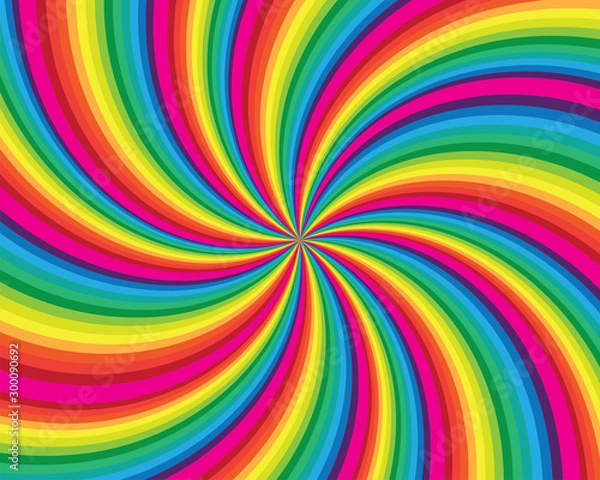 Fototapeta Spiral and swirl motion twisting circles design. Colorful cyclone sweet candy radial pattern background. Vortex starburst spiral swirl. Helix rotation rays. Vector rainbow stripes. sun light beams.