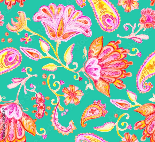 Fototapeta Paisley watercolor floral pattern tile with flowers, flores, tulips, leaves. Oriental traditional hand painted water color whimsical seamless print border for design. Abstract indian batik background.