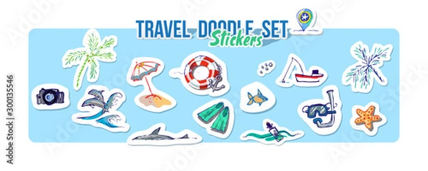 Fototapeta Summer holidays, ocean travel, sea trip. Vector Set for summer time vacation. Set of stickers with sketch design element summer theme. Hand drawn doodle stickers with adventure objects.