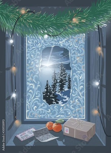 Obraz The window of the hut overlooking the natural winter landscape. Fir coniferous paw decorated with garland. Ice freezes on the panes into wonderful shapes.