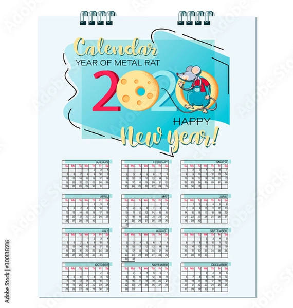 Fototapeta Rat. Calendar 2020. Mouse symbol of the Chinese New Year. Year of the rat. Concept with illustrations of Asian holidays. Week starts on Sunday. Calendar Template.