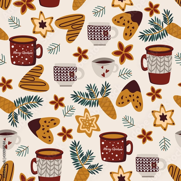 Obraz winter seamless pattern with cups and ginger cookies - vector illustration, eps