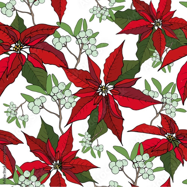 Fototapeta Christmas seamless pattern of red poinsetia and nuts and mistletoe, on a white background. Christmas decoration on white. Vector EPS 10.