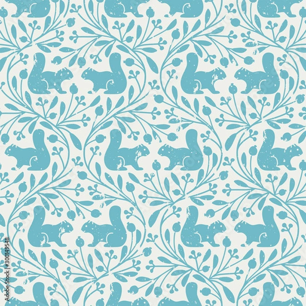 Obraz seamless vector vintage pattern with squirrels and floral ornament in blue