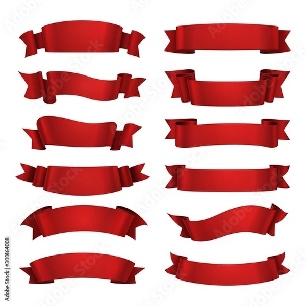 Fototapeta Red ribbon isolated. Realistic illustration glossy decorative vector banners isolated on white background. Empty stylized art image like element promo advertising or blank icon web site