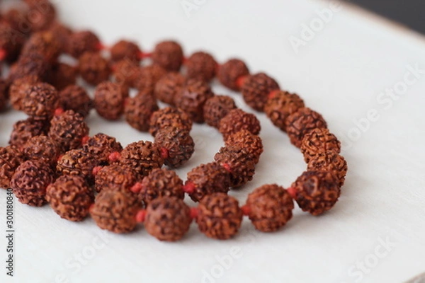 Fototapeta Japa mala. Prayer beads made from the seeds of the rudraksha tree. close-up
