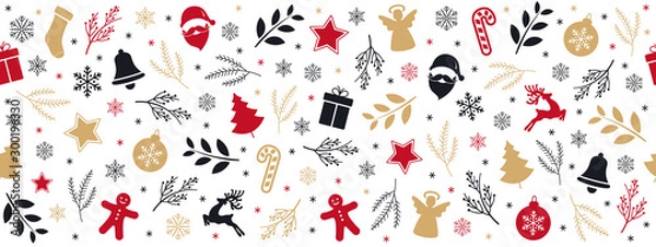 Obraz Christmas icon elements golden black border pattern isolated white background.