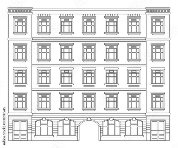 Obraz Detail front view house facade building outline contour with shop street panorama, windows, doors and pillars. Vector line art illustration isolated on white