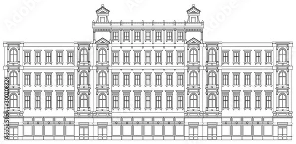 Obraz Detail front view house facade building outline contour with shop street panorama, windows, doors and pillars. Vector line art illustration isolated on white