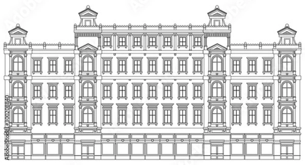 Obraz Detail front view house facade building outline contour with shop street panorama, windows, doors and pillars. Vector line art illustration isolated on white