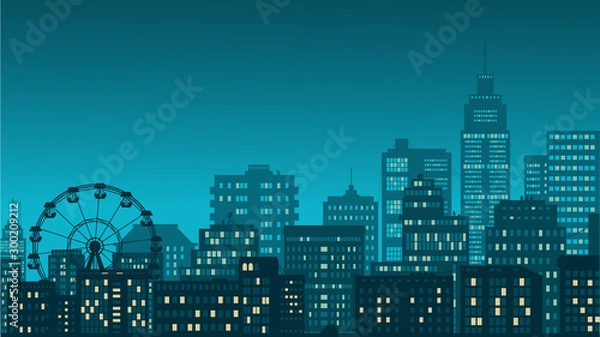 Obraz street panorama view landscape silhouette  cityscape in black dark contour color , ferris wheel skyscraper buildings houses , vector horizontal bottom banner