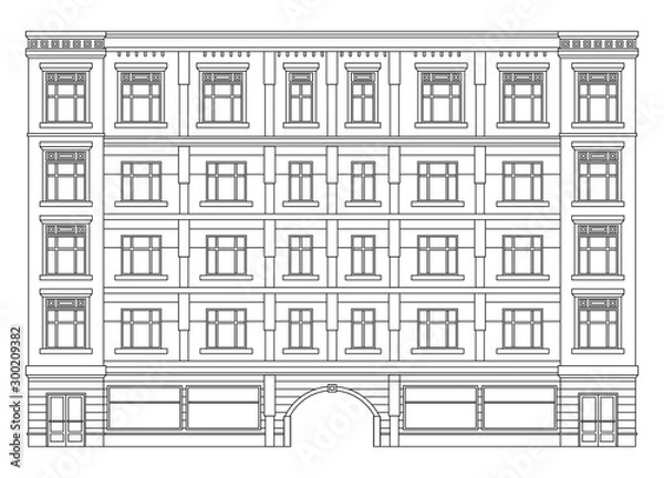 Obraz Detail front view house facade building outline contour with shop street panorama, windows, doors and pillars. Vector line art illustration isolated on white