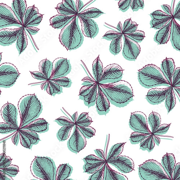 Fototapeta Pattern illustration in hand drawn style with leaves. Exotic design. For design textiles, fabric, packaging, paper, surface decoration, background.