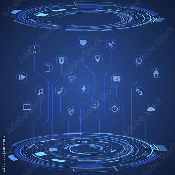 Obraz Digital technology icon vector illustration. internet of things background. Abstract protecting data network ecosystem innovation design. Iot, smart home connection, house control by smartphone