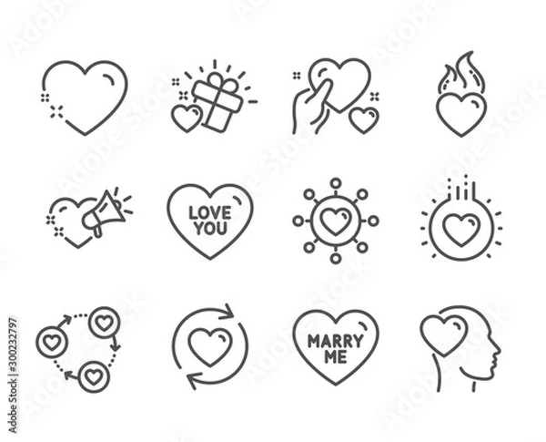Fototapeta Set of Love icons, such as Love you, Heart, Love message, Friends community, Update relationships, Dating network, Hold heart, Friend, Marry me line icons. Sweetheart, Relationships network. Vector